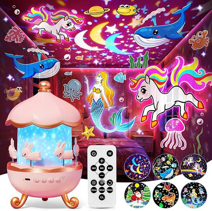 One Fire Princess Gifts for Girls Toys, 15 Music+15 Films+315 Colors Night Light Projector, 360°+Remote+Cordless Star Projector for Kids, Mermaid Gifts for Girls Room Decor, Pink Baby Toddler Toys