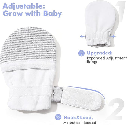 HAPIU Baby No Scratch Mittens Stay On, 100% Cotton Breathable, Adjustable Infant Gloves for Boys Girls, Newborn - 12 M