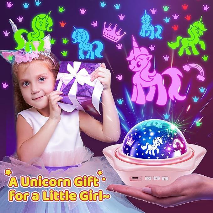 PIKOY Unicorn Room Decor for Girls Bedroom, 96 Lights+6 Films Unicorn Night Light for Girls Room Decor, Princess+Mermaid+Butterfly Lamp, 360° Rotation+Cordless 3-6 Year Old Girl Birthday Gift Ideas