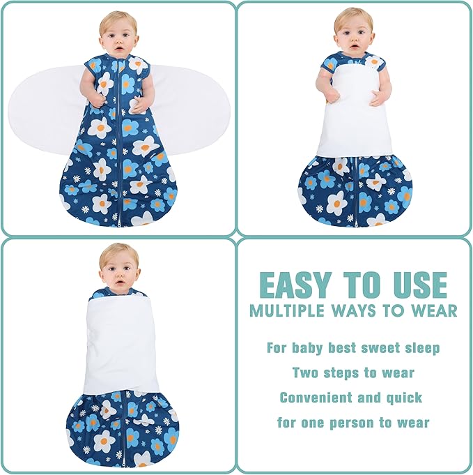 Newborn Sleep Sack Baby Swaddle,3-Way Adjustable Wearable Blanket,100% Rayon Cotton Swaddling Sleeping Bag，TOG 0.5 (Gerbera & Tulips, 6-12 Months)