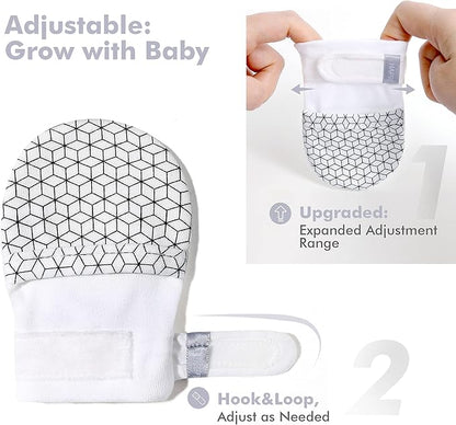 HAPIU Baby No Scratch Mittens Stay On, 100% Cotton Breathable, Adjustable Infant Gloves for Boys Girls, Newborn - 12 M