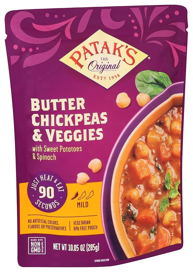 Patak's Butter Chickpeas & Veggies, 10.05 Oz (Pack of 4) Mild Curry with Chickpeas, Spinach, Carrots, Ready to Heat Vegetarian Meals