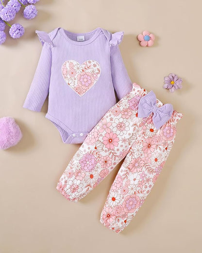 Jecson Newborn Baby Girl Clothes: Soft Cotton Infant Outfits Ruffles Sleeve Romper & Pants Set Cute Fall Home Outing 0-18M