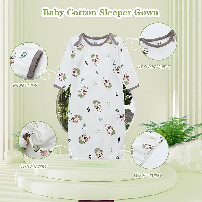 Baby Newborn Gown, 3 Packs Baby Sleeping Bag, Long Sleeve Sleep Sack, Cotton Cloths for Newborn Boys Girls 0-12 Months