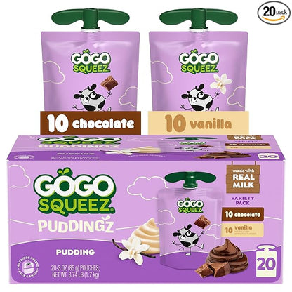 GoGo squeeZ PuddingZ Variety Pack, On-the-Go Chocolate and Vanilla Pudding, 3 oz. Pouches (Pack of 20), BPA Free Pouches