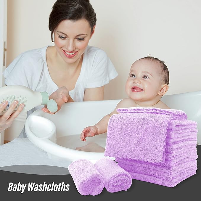 Sunny zzzZZ Ultra Soft 24 Pack Baby Washcloths - 10x10 Inches - Coral Fleece Extra Absorbent Wash Clothes for Babies, Infants and Toddlers - Sensitive Skin and Newborn - Ideal Baby - Violet Purple