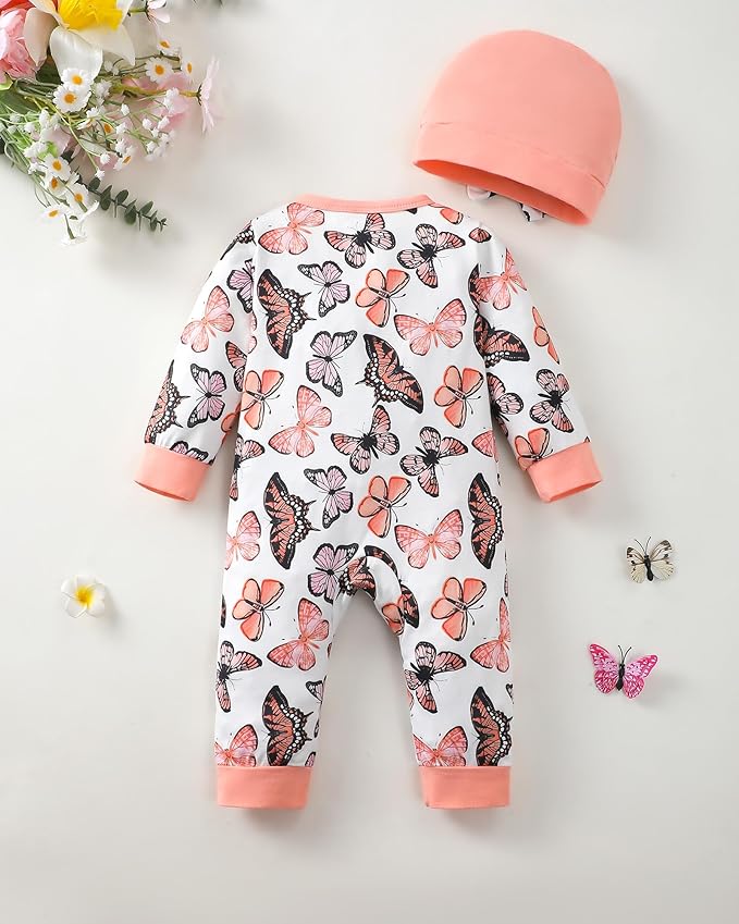 Mioglrie Newborn Baby Girl Clothes Long Sleeve Romper Infant Fall Winter Outfits Floral Hat Jumpsuit Preemie Girl Clothes