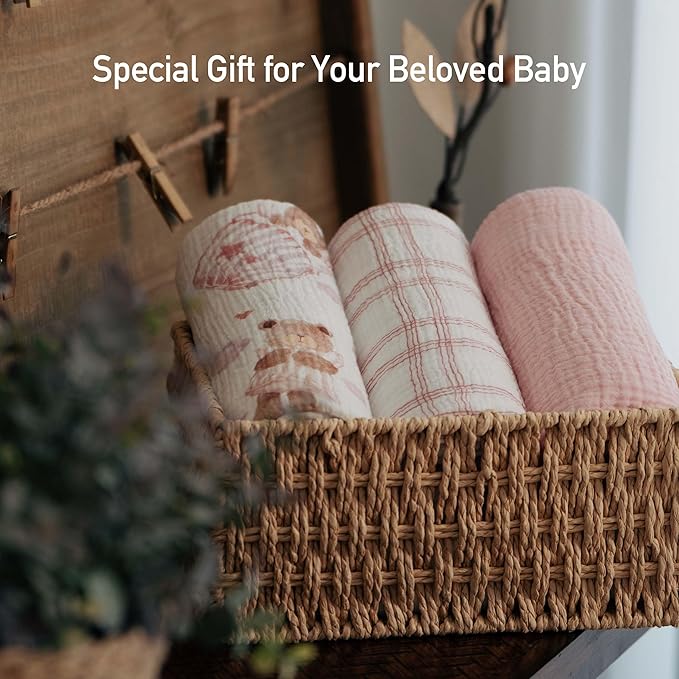 GLLQUEN BABY Muslin Swaddle Blankets,3-Pack Receiving Blanket for Newborn Boys and Girls,Baby Swaddle Blanket Unisex,Little Bear,Baby Essentials, Registry & Gift, 40 x 38 inches