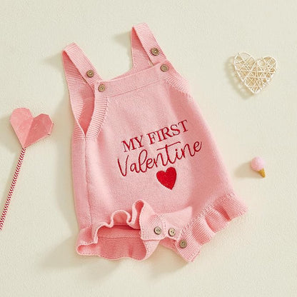 Infant My First Valentines Baby Girl Outfit Newborn Button Heart Embroidery Knit Romper Bubble Bodysuit One Piece