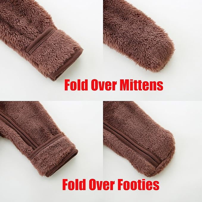 Newborn Baby Fleece Jumpsuit Unisex Infant Bear Hooded Onesie with Mitten Cuffs Winter Warm Snowsuit Outfit