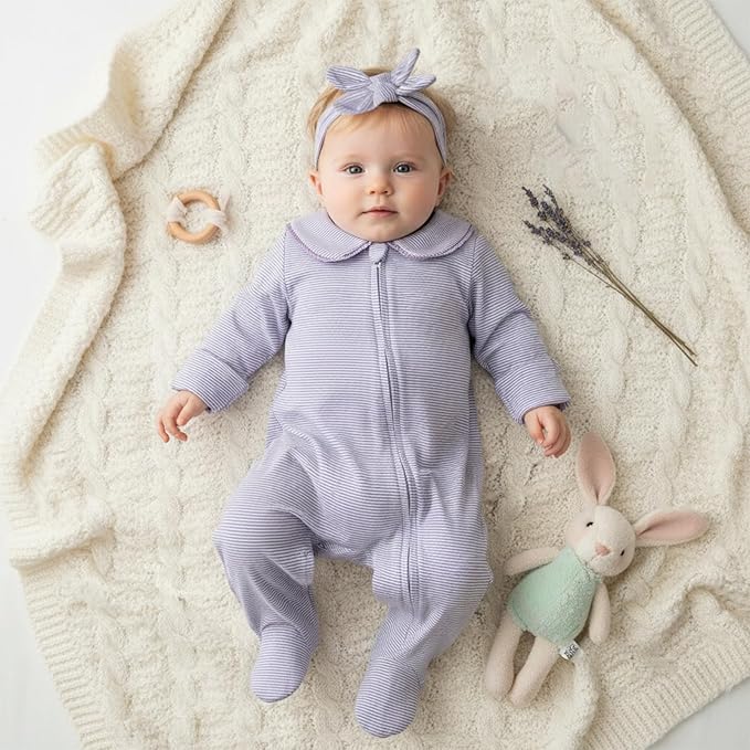 Gaono Newborn Baby Girl Romper Waffle Knit Striped Long Sleeve Doll Collar Heart Bow Jumpsuit Bodysuit Fall Winter Clothes