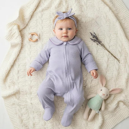 Gaono Newborn Baby Girl Romper Waffle Knit Striped Long Sleeve Doll Collar Heart Bow Jumpsuit Bodysuit Fall Winter Clothes