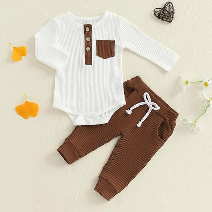 fhutpw Baby Boy Clothes 3 6 12 18 Months Ribbed Knitted Long Sleeve Romper and Pants Sets Newborn Fall Splicing Color Outfits
