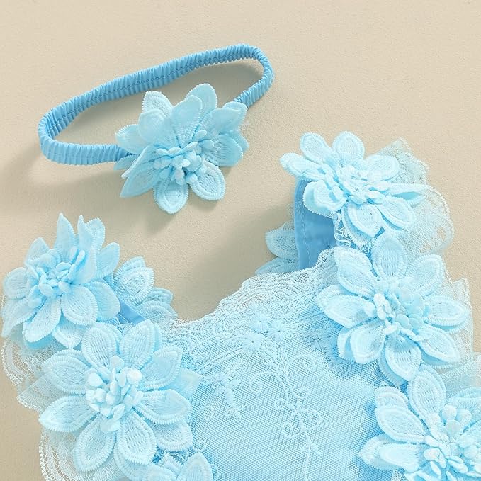 Infant Baby Girl Lace Romper Baby Tulle Dress Romper Flowers Bodysuit Spring Summer Festival Clothes with Headband