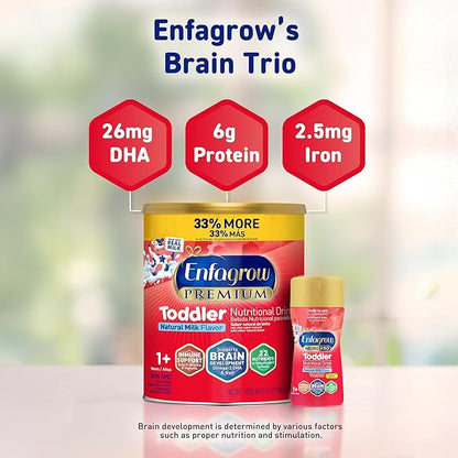 Enfagrow Premium Toddler Nutritional Drink, Made with Real Milk, Brain-Building Omega-3 DHA, Nutrients and Prebiotics for Growth & Immune Support, Non-GMO, Toddler Milk Powder, 32 Oz Can