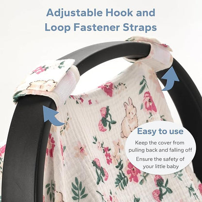 SERAPHY 100% Muslin Cotton Car Seat Covers for Babies, Universal Baby Car Seat Cover, Breathable Muslin Carseat Cover Canopies for Boys and Girls, Soft Infant Car Seat Cover for Summer — Rabbits