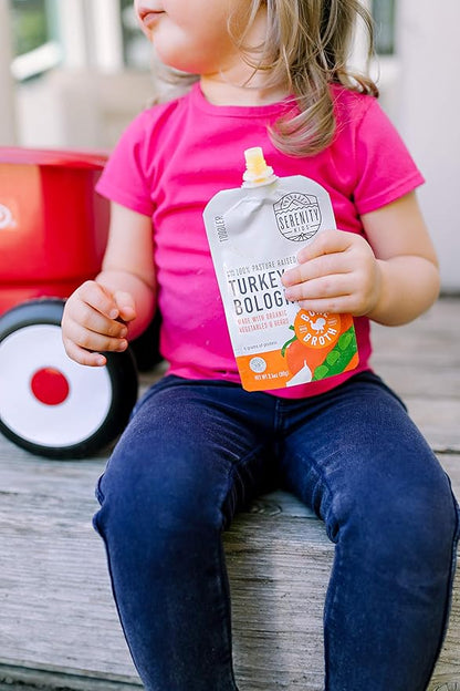 Serenity Kids Toddler Food Pouch Puree - Turkey Bolognese - Protein-Rich Bone Broth Blend - Organic Veggie Pouch for Toddler Snacks - BPA-Free Turkey Broth Puree - 3.5 Oz, 6 Pack