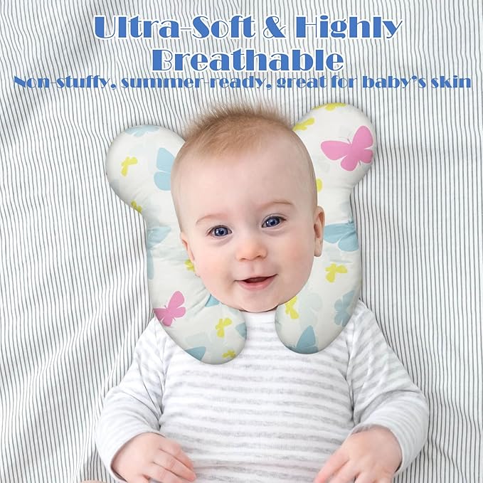 Baby Head Support Pillow for Newborn Toddler, Baby Neck Pillow Upgraded Comfortable Sleep Cushion for Car Plane Stroller Pushchair - Butterfly