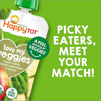 HAPPYTOT Organics Stage 4 Baby Food Pouches,Gluten Free, Vegan Snack, Love My Veggies, Fruit & Veggies Puree, Apples, Zucchini, Green Beans & Spinach 4.22 oz Pouch (Pack of 16)