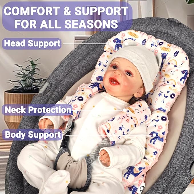 Infant Car Seat Insert Girls Boys, Soft Car Seat Head Support Baby & 2 Strap Pads, Preemie Newborn Carseat Insert Reversible Fits For Stroller, Baby Swing, Rocker, Bassinets, Bouncer, Unicorn