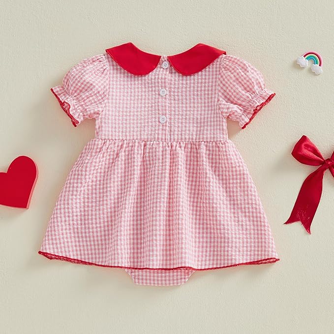 Baby Girl Valentines Day Outfit Newborn Romper Dress Heart Embroidery Puff Short Sleeve Plaid Skirt Hem Jumpsuit