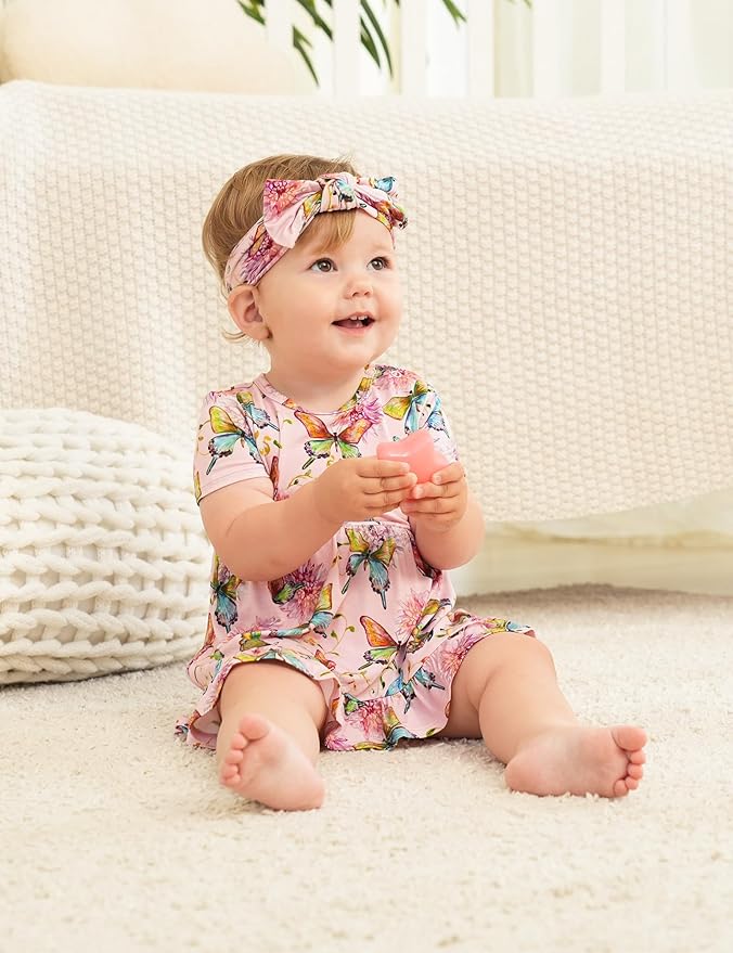 Infant Baby Girl Bodysuit Dress with Hairband Set, Bamboo Viscose Summer Clothes Outfit