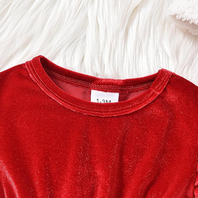 Newborn Christmas Outfit Baby Girl Plaid Romper Dress Infant Ruffle Long Sleeve Ribbed Bodysuit Headband Clothes