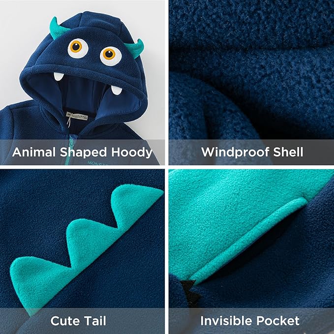DAVE&BELLA Toddler Fleece Jacket, Baby Boys Girls Animal-shaped Hooded Zipper Long Sleeve Warm Spring Autumn Outerwear Coat