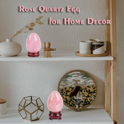 AMOYSTONE Decorative Rose Quartz Egg Sphere Carved with Base Healing Crystal Home Decors Easter Egg Height 2.3-2.5"