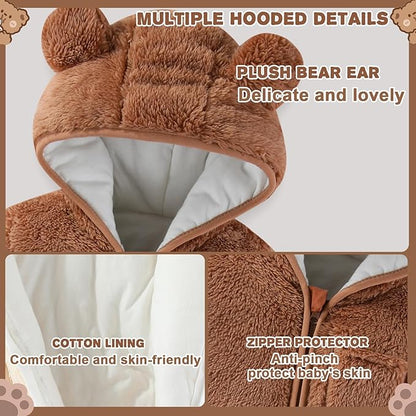 Newborn Baby Bear Outfit With Fold-Over Mittens and Footies Girls Boys Winter Fleece Clothes Hooded Romper Snowsuit