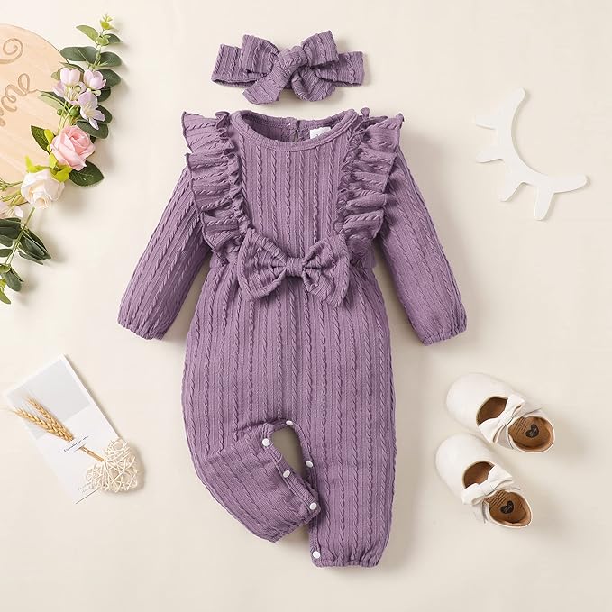 Happy Town Baby Girl Romper Infant Fall Winter Clothes Ruffle Sweater Long Sleeve Bodysuit Jumpsuit and Headband