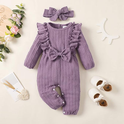 Happy Town Baby Girl Romper Infant Fall Winter Clothes Ruffle Sweater Long Sleeve Bodysuit Jumpsuit and Headband