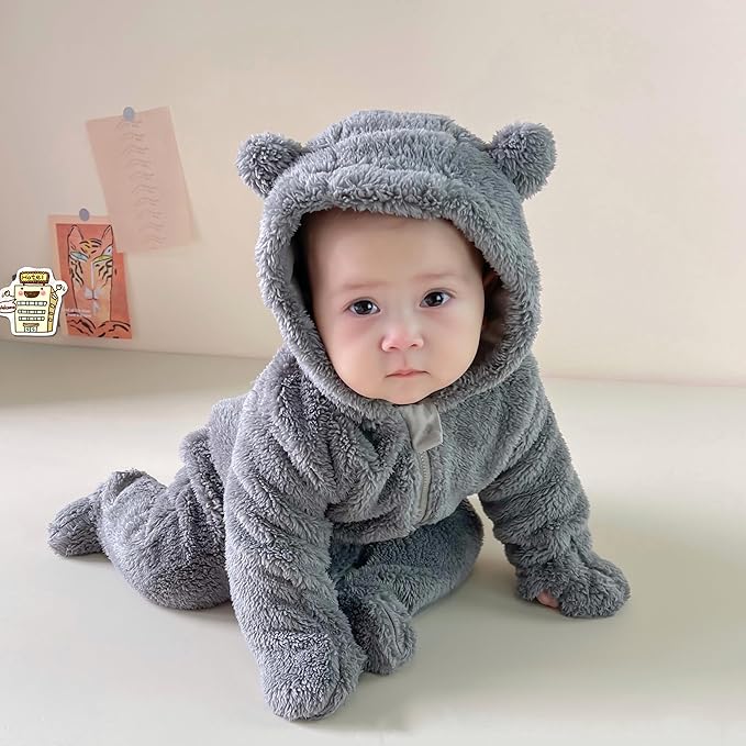 CAHL&FAUO Newborn Snowsuit Baby Cartoon Bear Onesie Warm Fleece Hooded Romper Jumpsuit