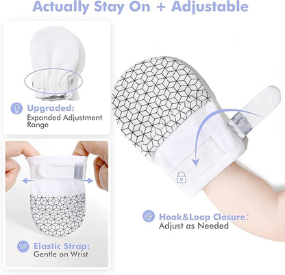 HAPIU Baby No Scratch Mittens Stay On, 100% Cotton Breathable, Adjustable Infant Gloves for Boys Girls, Newborn - 12 M