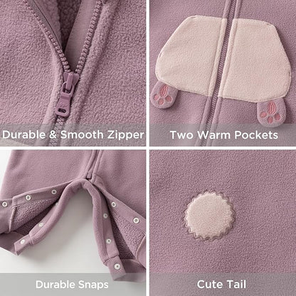 DAVE&BELLA Animal Jumpsuit for Baby Boy Girl, Hooded Winter One-Piece Romper Zip Up Fleece Infant Bodysuit with Snap Closure