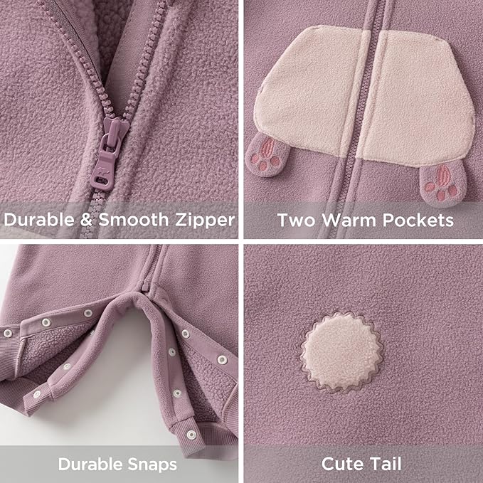 DAVE&BELLA Animal Jumpsuit for Baby Boy Girl, Hooded Winter One-Piece Romper Zip Up Fleece Infant Bodysuit with Snap Closure