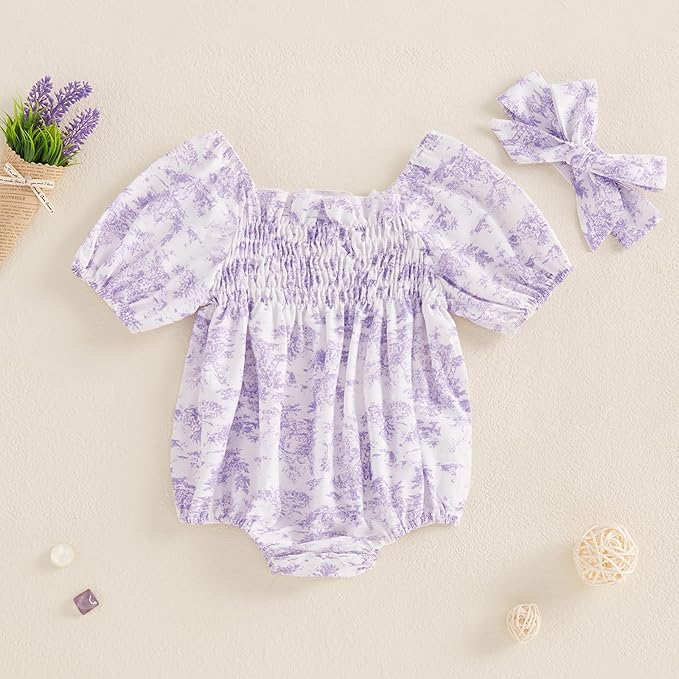 Infant Baby Girls Romper Floral Ruffle Sleeve Pleated Smocked Bubble One Piece Ruched Jumpsuit Summer Bodysuit