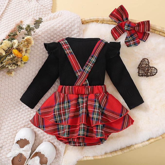 Hnyenmcko Newborn Baby Girl Christmas Clothes Infant Red Plaid Romper Dress Ruffle Long Sleeve Ribbed Bodysuit Headband Set