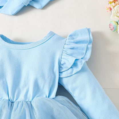 Baby Girl Clothes Infant Ruffle Sleeve Romper Dress Newborn Solid Tutu Skirt Sets Jumpsuit Headband Outfit