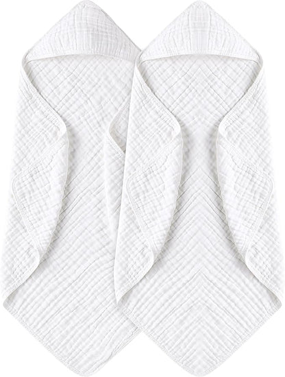 Yoofoss Hooded Baby Towels for Newborn 2 Pack 100% Muslin Organic Cotton Baby Bath Towel with Hood for Babies, Infant, Toddler and Kids, 32x32Inch, Soft and Absorbent Newborn Essential,White-2 Pack