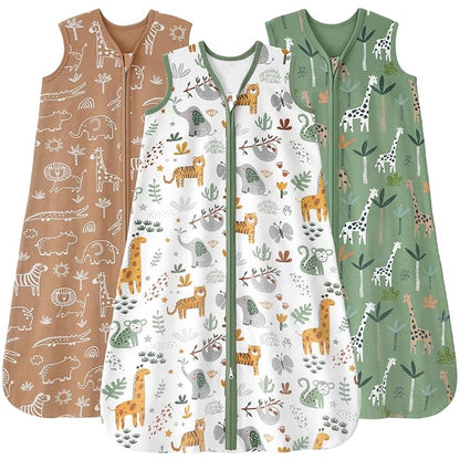 Baby Sleep Sack 6-12 months, 100% Cotton Sleeping Sack for Newborn and Infant, 3 Pack Baby Wearable Blanket for Boy and Girl, 0.5 Tog Lightweight Double Zipper Sleep Bag Green Brown Giraffe