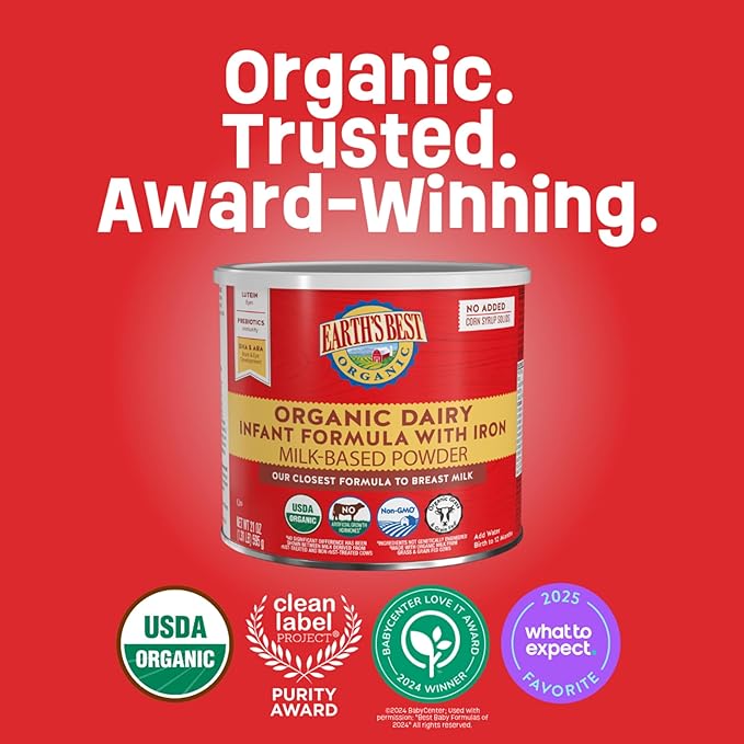 Earth's Best Organic Baby Formula for Babies 0-12 Months, Powdered Dairy Infant Formula with Iron, Omega-3 DHA, and Omega-6 ARA, 21 oz Formula Container