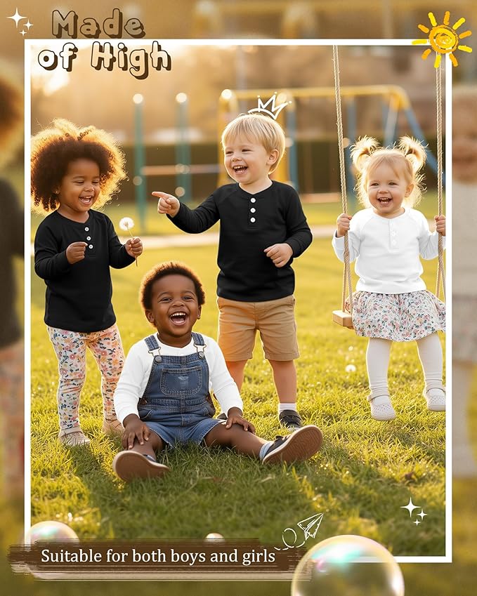 4 Pack Boys' Long Sleeve Shirts Girls' Henley Tees Toddler Baby Knit Casual Tops Kids Fall Clothes Unisex