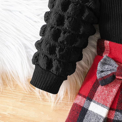 Toddler Baby Girl Plaid Dress Puff Sleeve Bow Patchwork Ribbed Shirts Dress Plaid Fall Winter Outfits with Headband