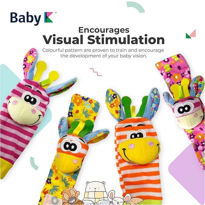 BABY K Foot Finder Socks & Wrist Rattles (Set I) - Newborn Toys for Baby Boy or Girl - Brain Development Infant Toys - Hand and Foot Rattles Suitable for 0-3, 3-6, 6-12 Months Babies