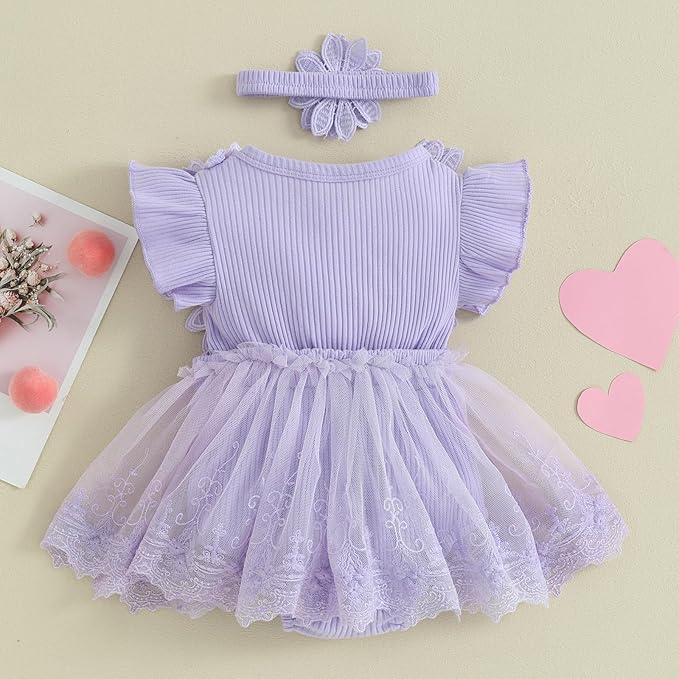 Infant Baby Girl Lace Romper Baby Tulle Dress Romper Flowers Bodysuit Spring Summer Festival Clothes with Headband