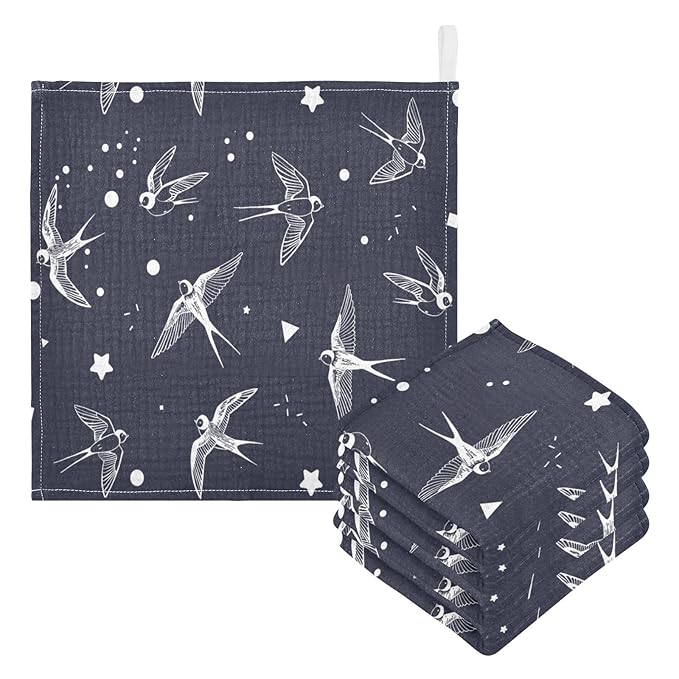 vvfelixl Baby Muslin Washcloths Swallow Bird Baby Burp Cloths Cotton Baby Face Towel for Newborn Infants Boys Girls Soft and Absorbent 11.8 X 11.8 in, 3 Pack