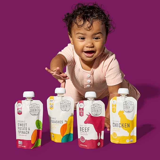Serenity Kids 6+ Months Baby Food Pouches - 5g Protein Nutrient-Packed Organic Baby Food - No Added Sugar & Veggie-Packed Toddler Snack - On-the-Go Pouch for Toddler Meals - 8 Count, 3.5 oz