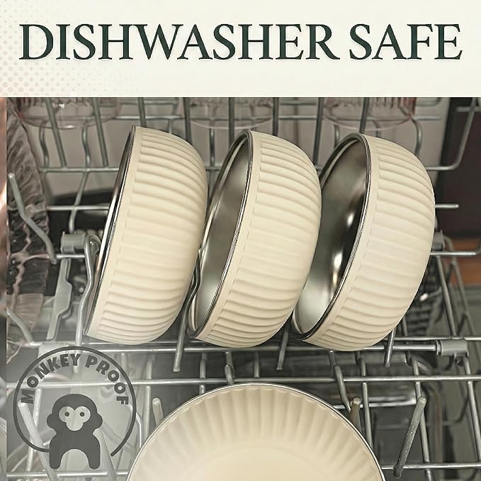 Monkey Proof™ Non-Toxic Stainless Steel Child Bowl 5” with Non-Slip Grooved Silicone Shell, (Set of 4 bowls) Unbreakable, Mess Free Feeding for Babies, Toddlers, Kids, BPA free (Sand Grooved)