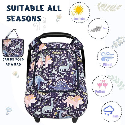 Pea Pod Car Seat Cover Baby, Infant Car Seat Canopy Covers for Newborn with 2 Layers Windows of Breathable Mesh Fabric, Lightweight Polyester/Soft Minky Dot Backing (Dinosaur)
